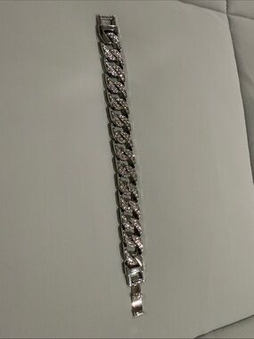 Rhinestone Cuban Link Moissanite Bracelet - Silver